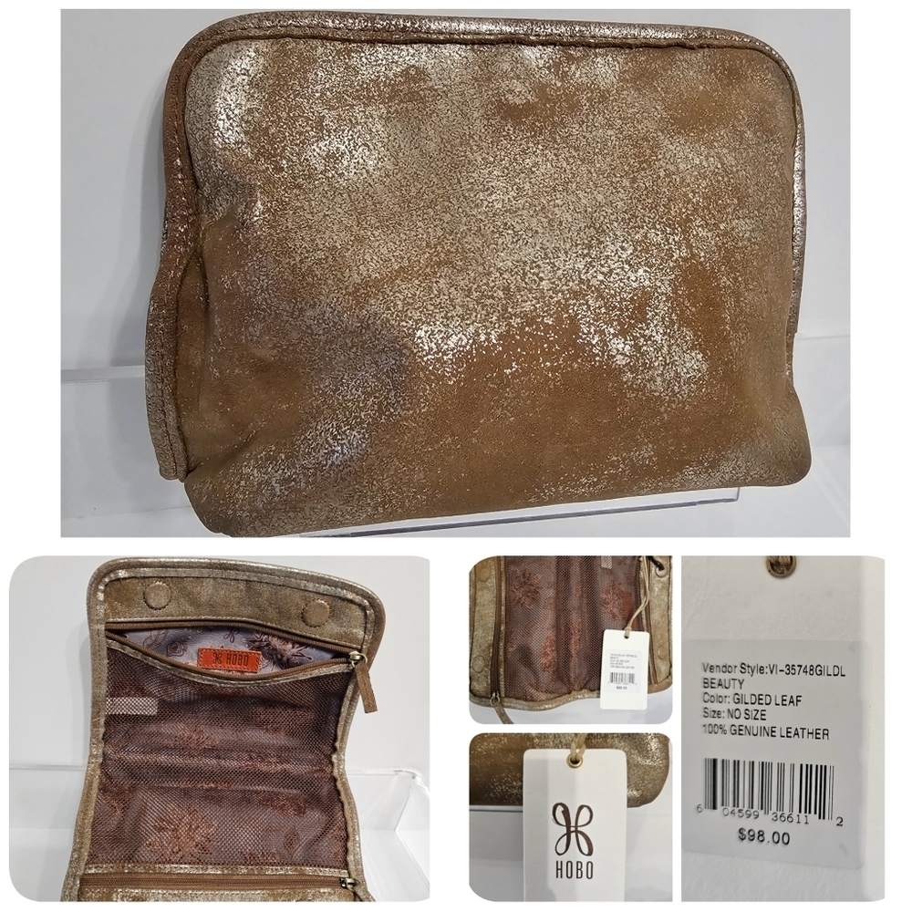 HOBO BEAUTY Leather Cosmetic Makeup Pouch Bag Wanderlust Lining Glided Gold NWT!
